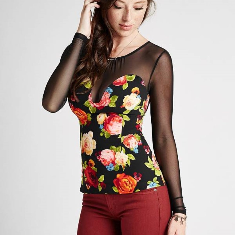 New Guess Chateau Rose Floral Print Sheer Mesh Stretch 0 XS